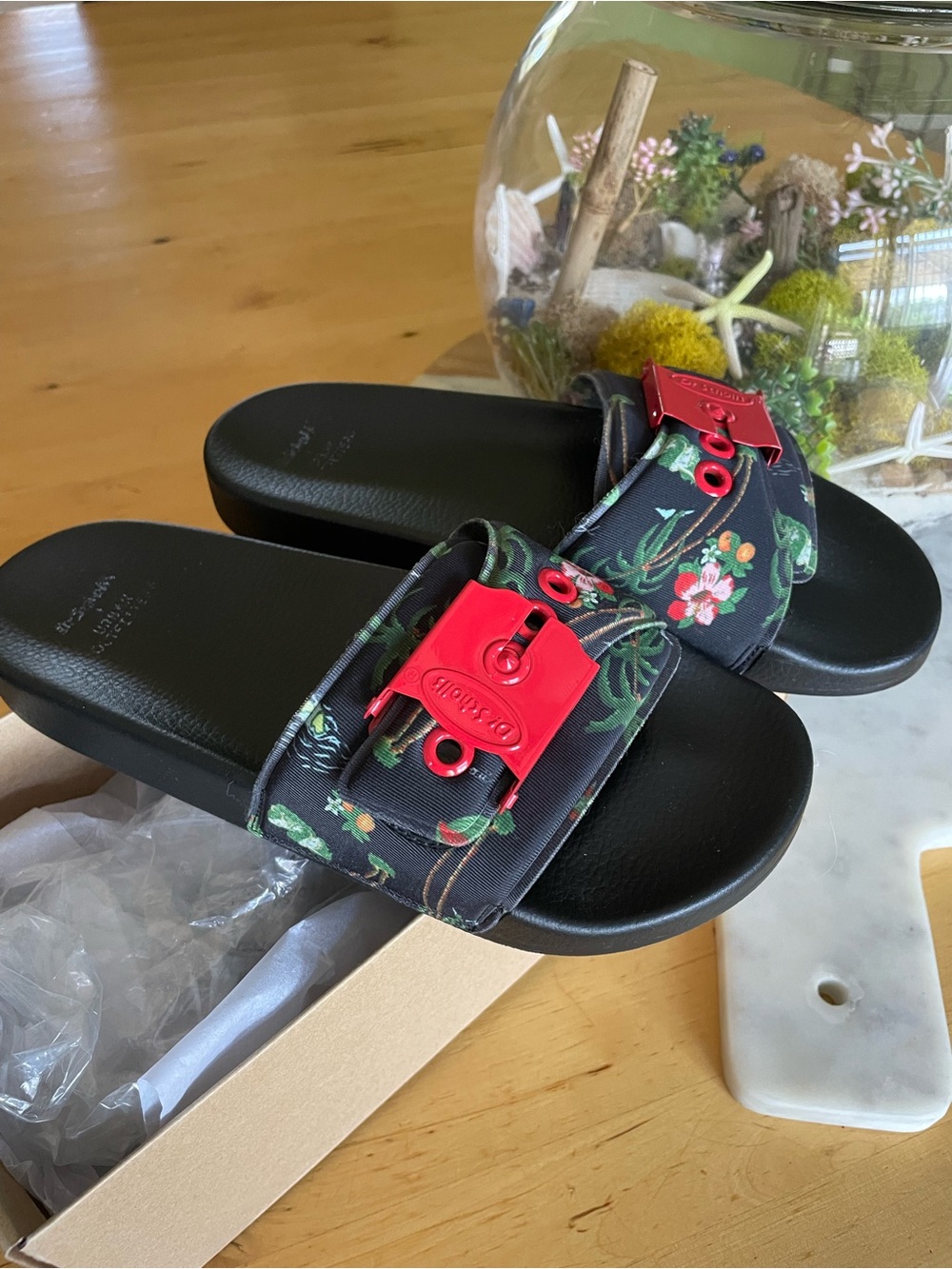 DrScholl’s + Urban Outfitters Floral Black Slide Sandals with Red Buckle